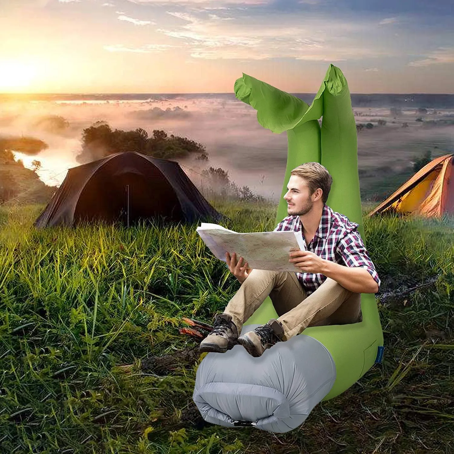 Adjustable Backrest Air Bed Sofa with Carry Bag Perfect for Camping, Green