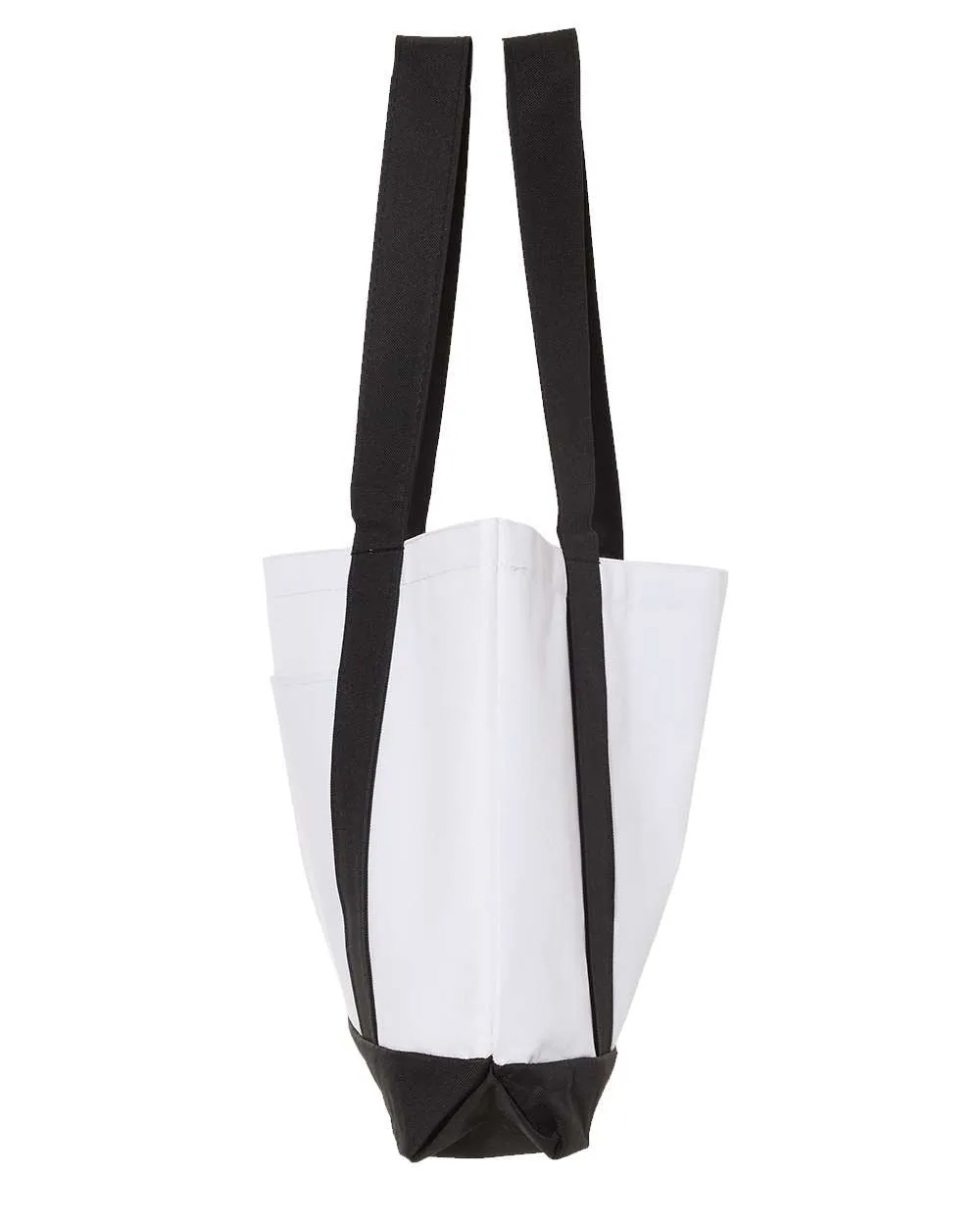 Alpha Battery Shopping Bag, 18.5"W x 12"H with 3.5" depth. White Polyester with Black Straps and Bottom.