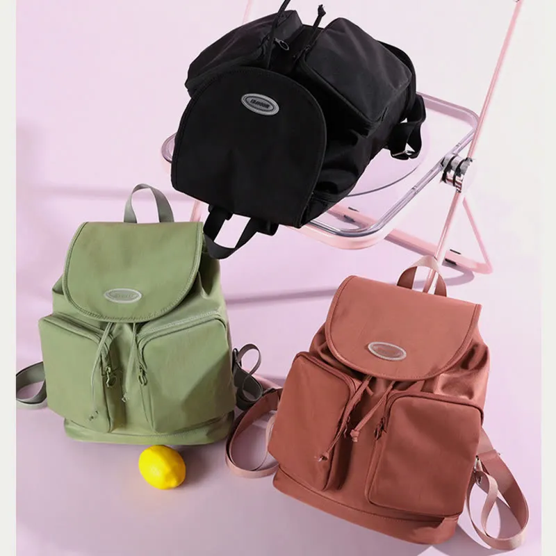 Backpack For Women Simple Drawstring Closure Waterproof Nylon Travel Bag