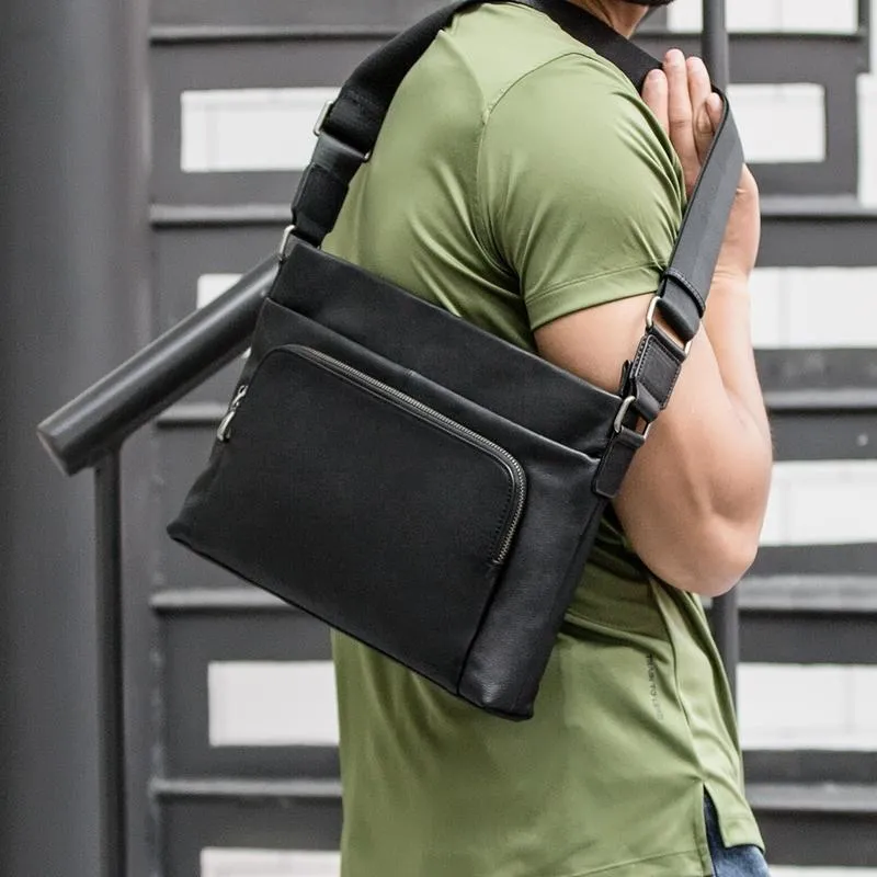 Black Casual Leather Mens 10 inches Side Bag Postman Bag Black Messenger Bag Courier Bag for Men