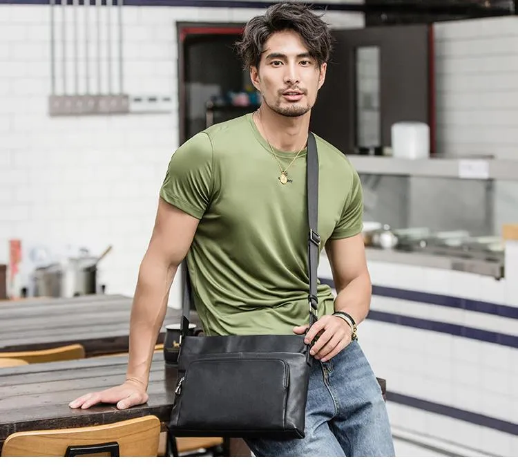 Black Casual Leather Mens 10 inches Side Bag Postman Bag Black Messenger Bag Courier Bag for Men