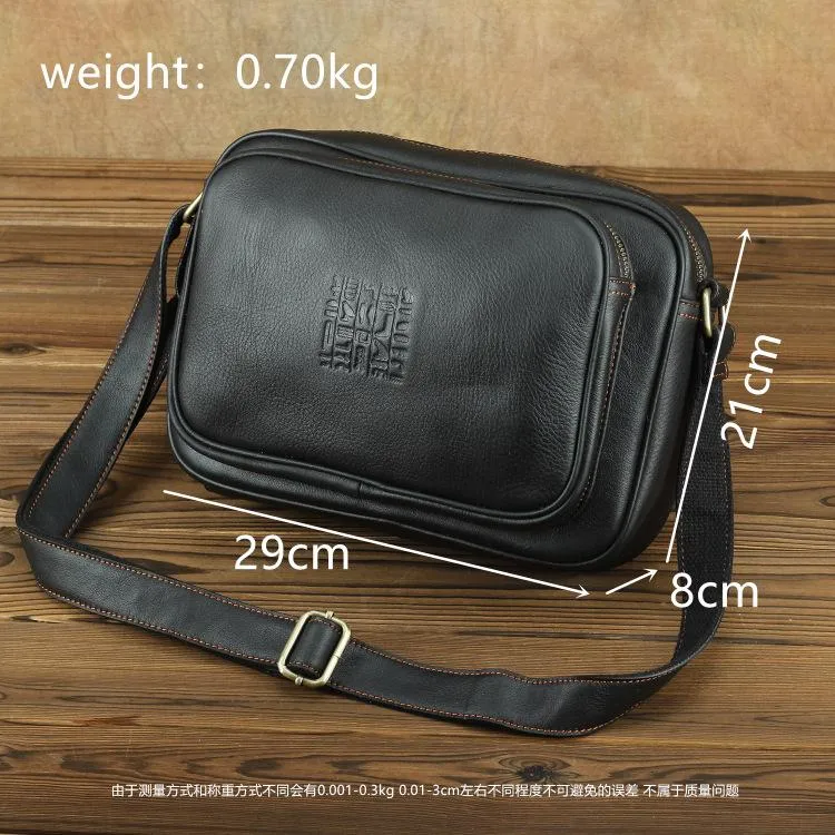 Black Fashion Leather Mens 10 inches Small Courier Bag Black Postman Bags Side Bag Messenger Bag For Men