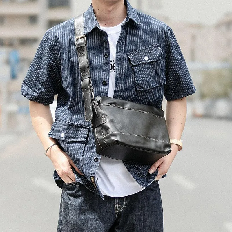 Black Leather Mens Casual 10" Courier Bags Messenger Bag Coffee Brown Postman Bag For Men