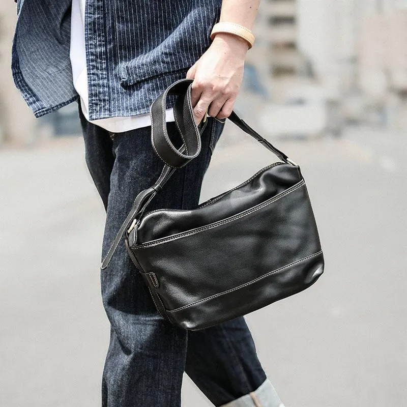 Black Leather Mens Casual 10" Courier Bags Messenger Bag Coffee Brown Postman Bag For Men