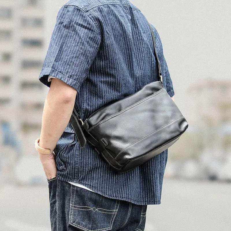 Black Leather Mens Casual 10" Courier Bags Messenger Bag Coffee Brown Postman Bag For Men