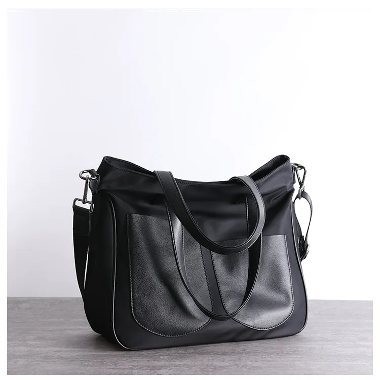 Black Womens Nylon Leather Shopper Tote Womens Nylon Shoulder Tote Black Nylon Handbag Purse for Ladies
