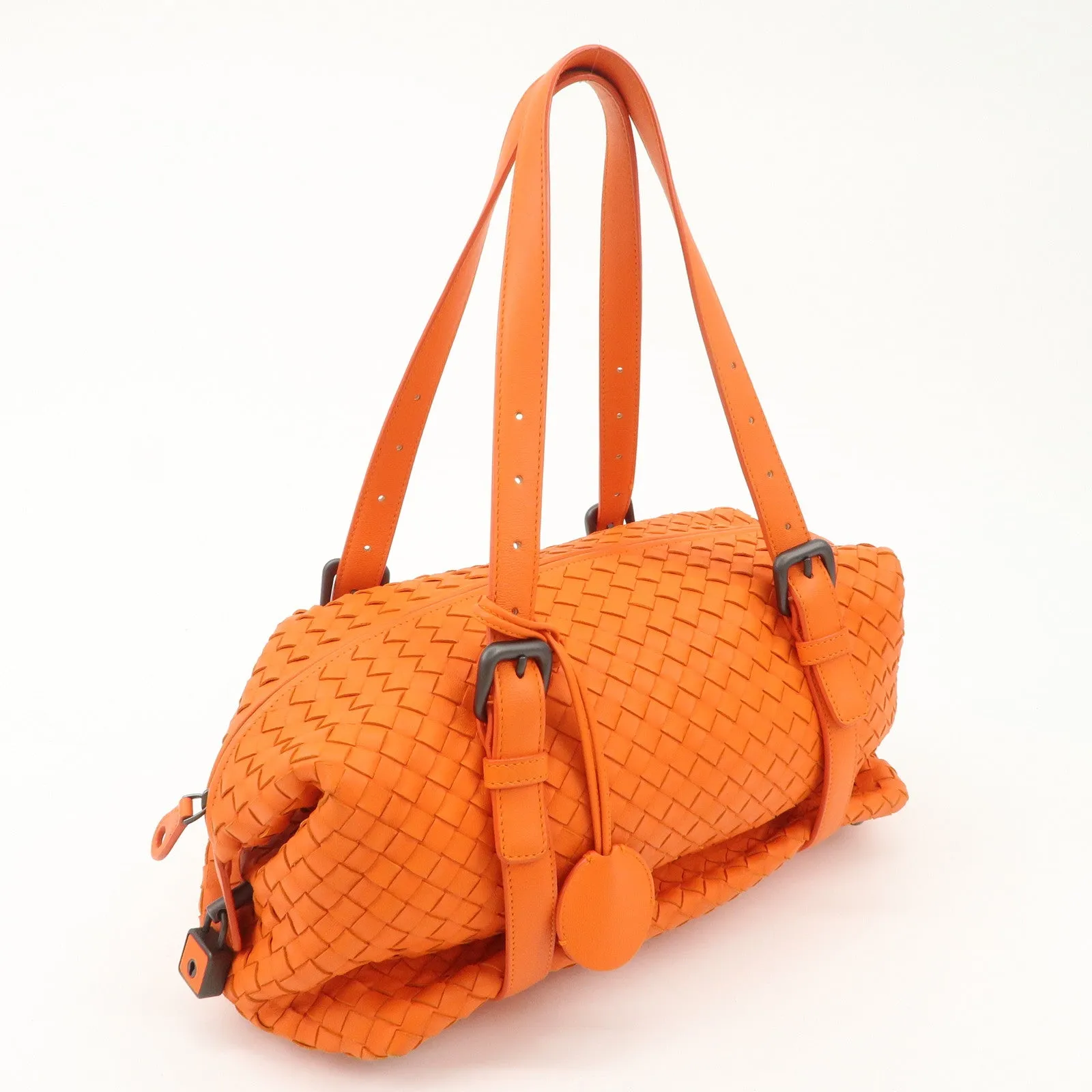 BOTTEGA VENETA Intrecciato Leather Boston Bag Hand Bag Orange Used
