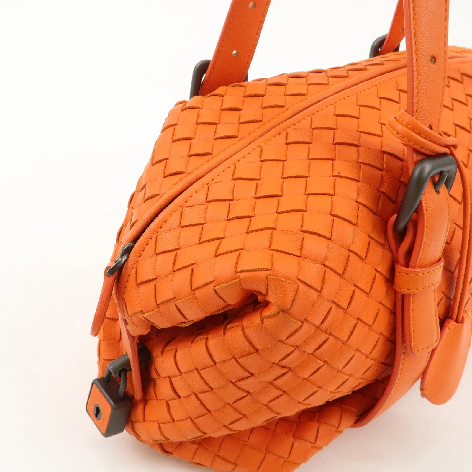BOTTEGA VENETA Intrecciato Leather Boston Bag Hand Bag Orange Used