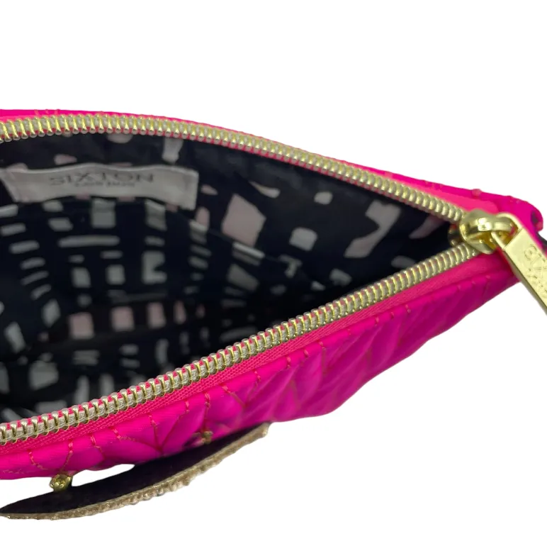 Bright pink Tribeca make up bag with palm tree pin