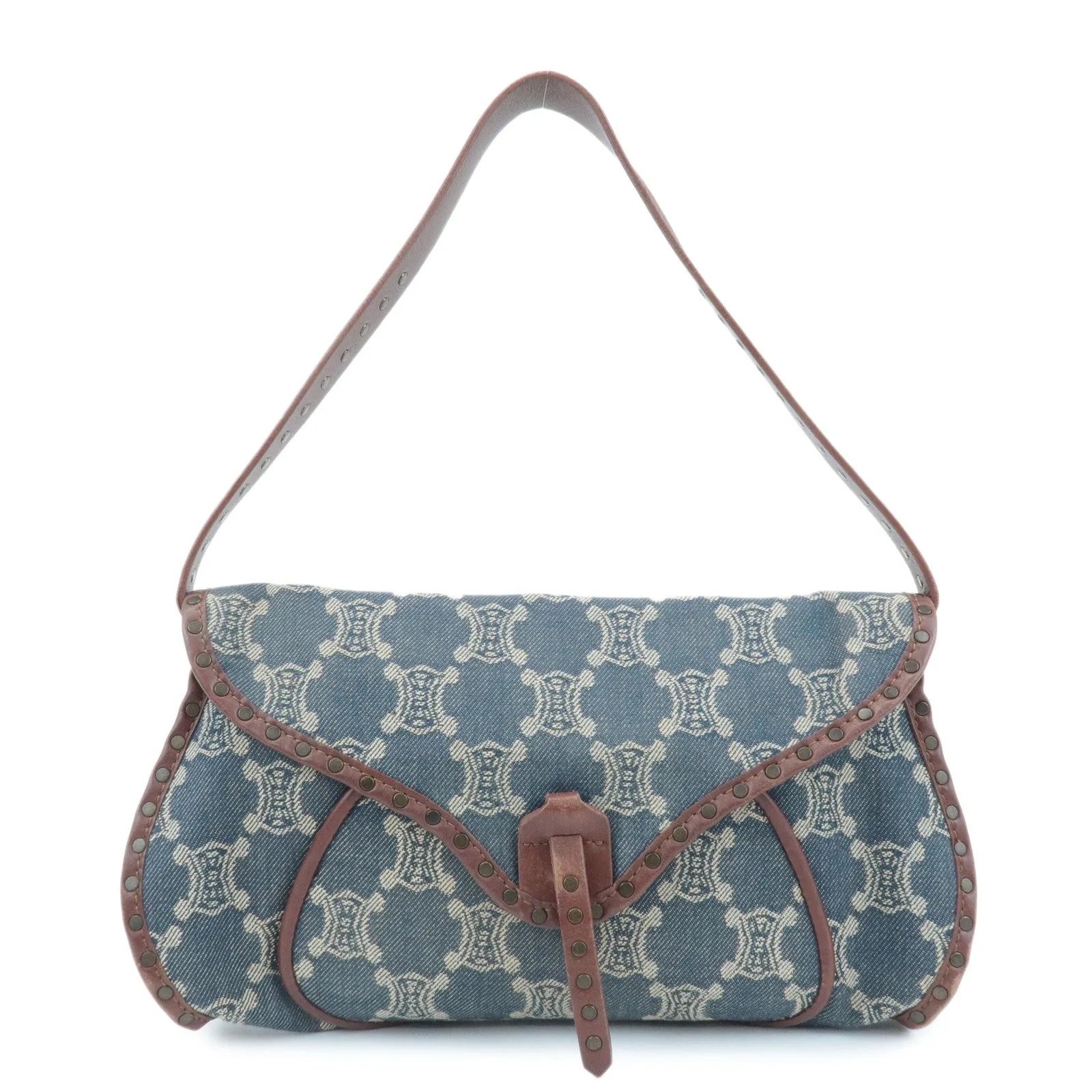 CELINE Macadam Denim Leather Shoulder Bag Blue Brown Used