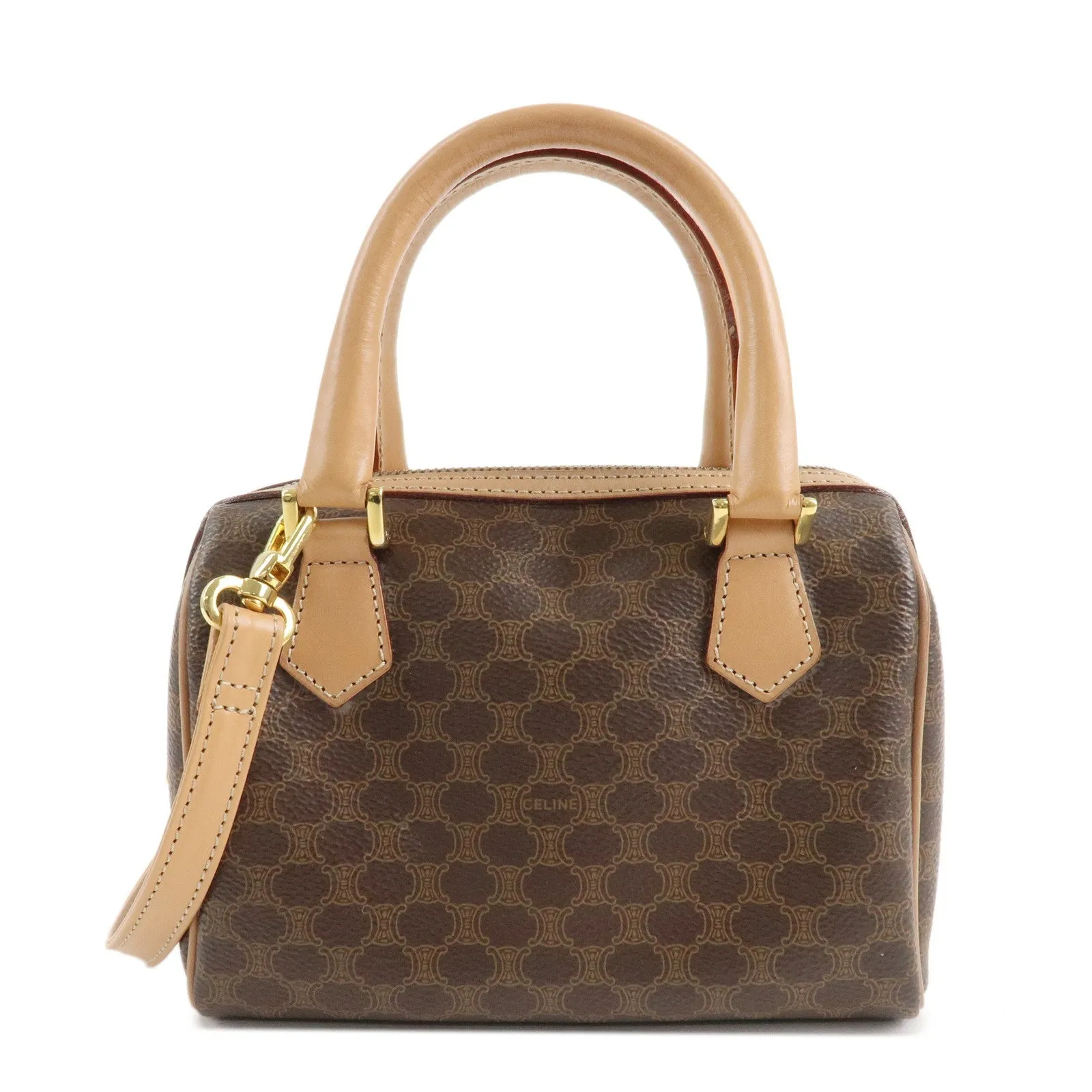 CELINE Macadam PVC Leather 2 Way Boston Bag Hand Bag Brown Used