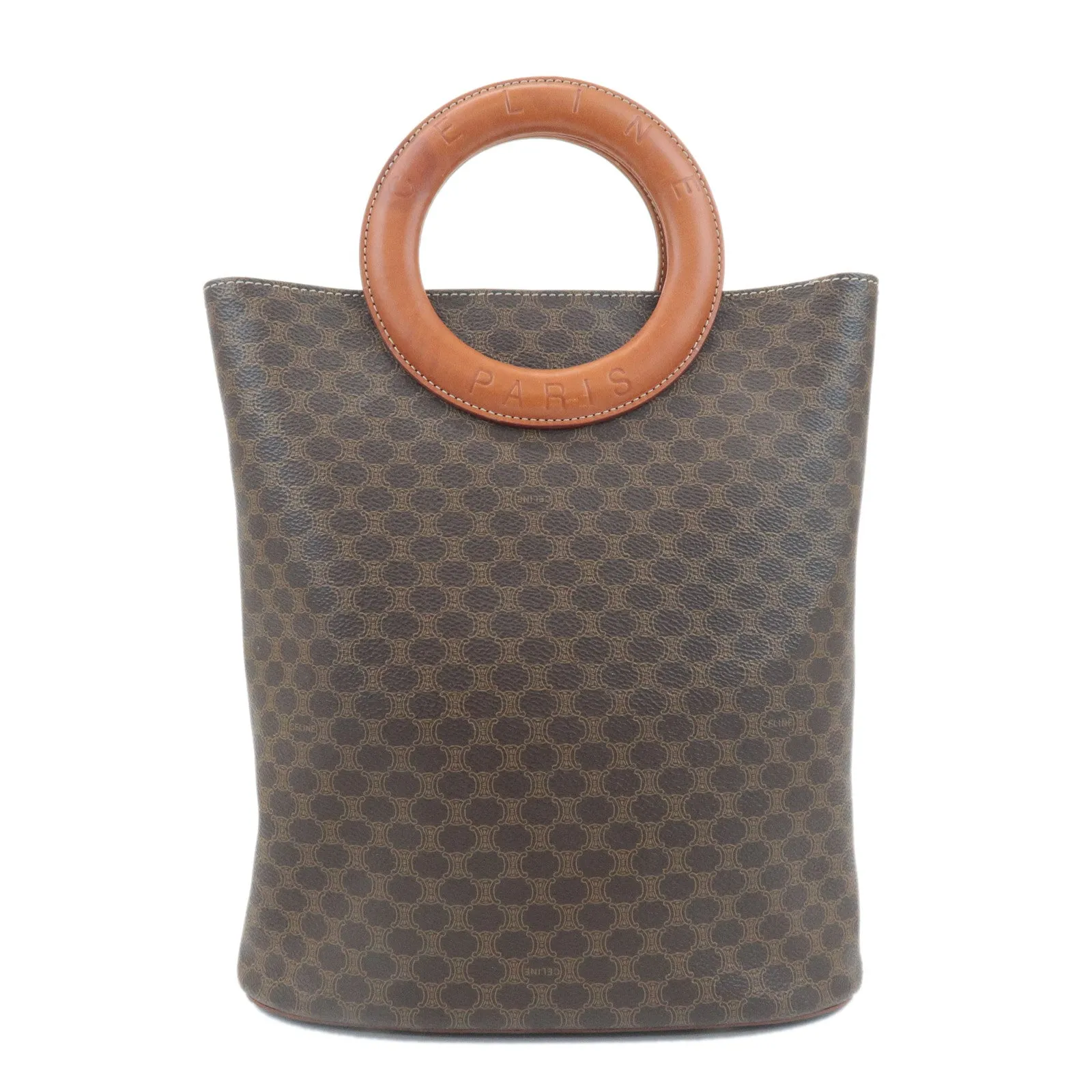CELINE Macadam PVC Leather Hand Bag Brown Gold Hardware Used