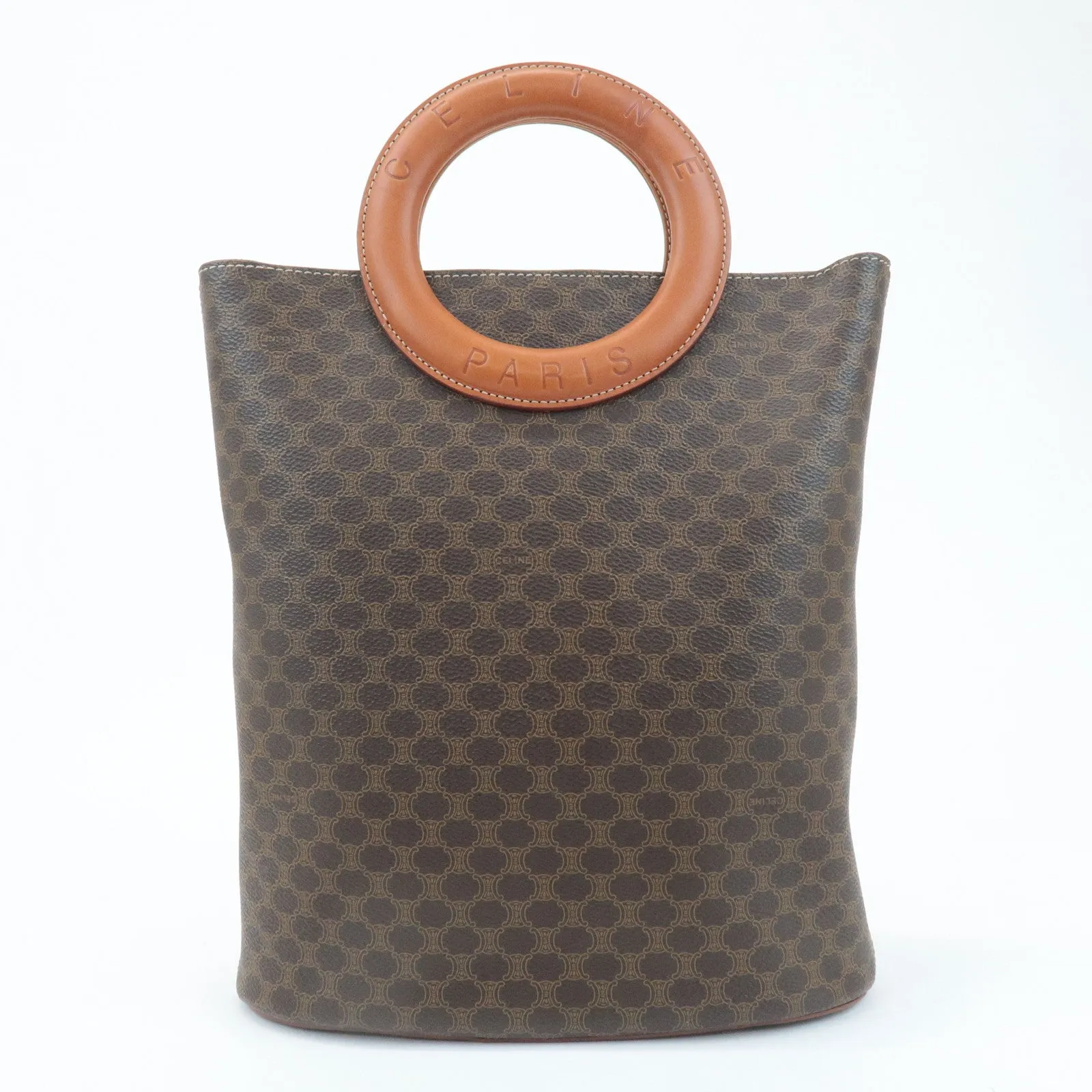 CELINE Macadam PVC Leather Hand Bag Brown Gold Hardware Used