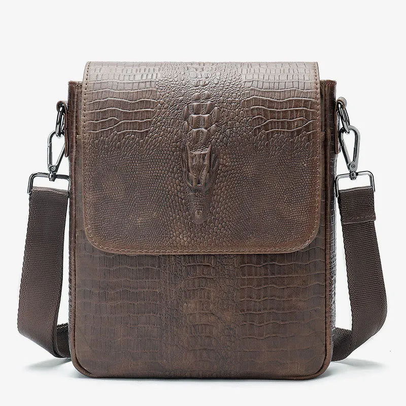 Clamshell Messenger Bag Mens Plain Color Crocodile Print Business Purse