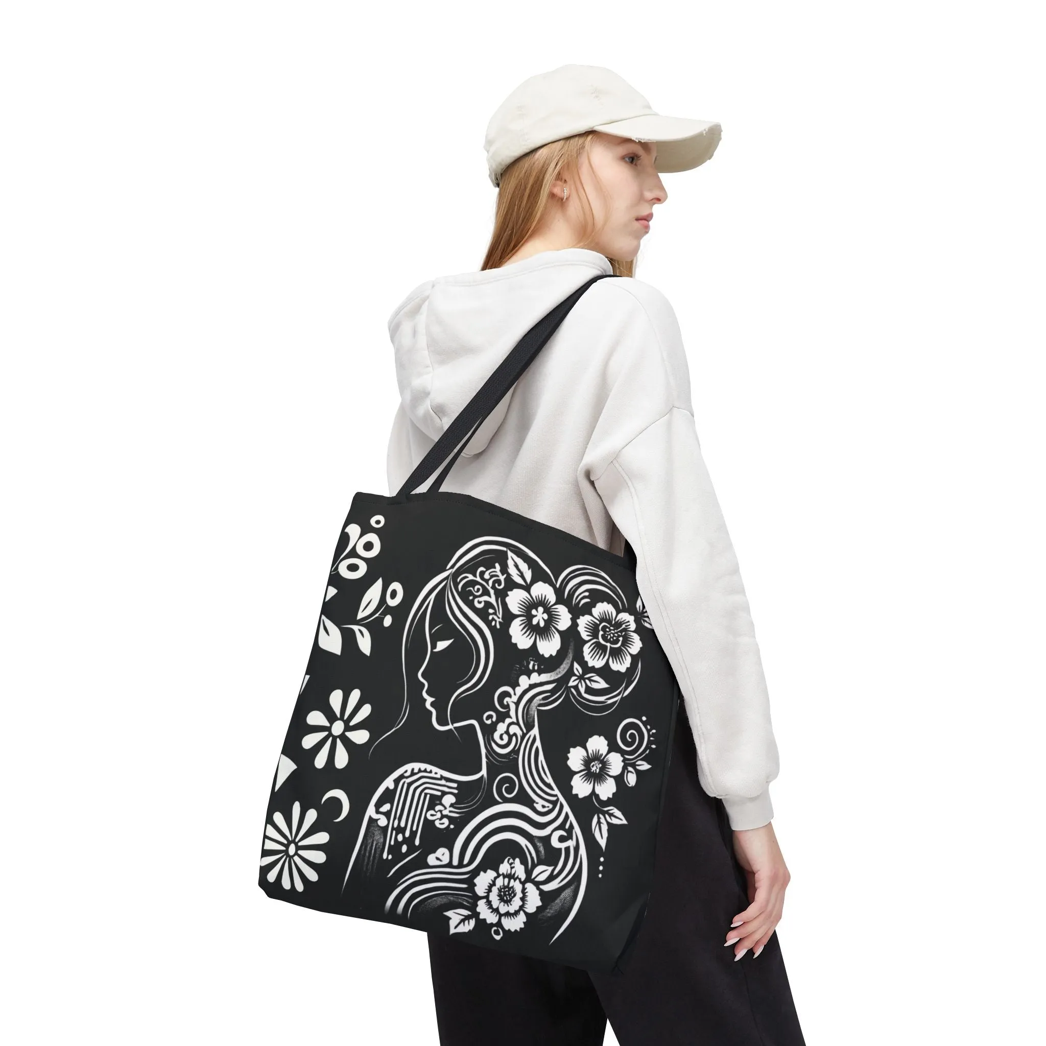 Elegant Chinoiserie Tote Bag – Black & White Floral Goddess Design, Artistic Aesthetic Handbag for Women, Stylish & Eco-Friendly Everyday Shoulder Bag