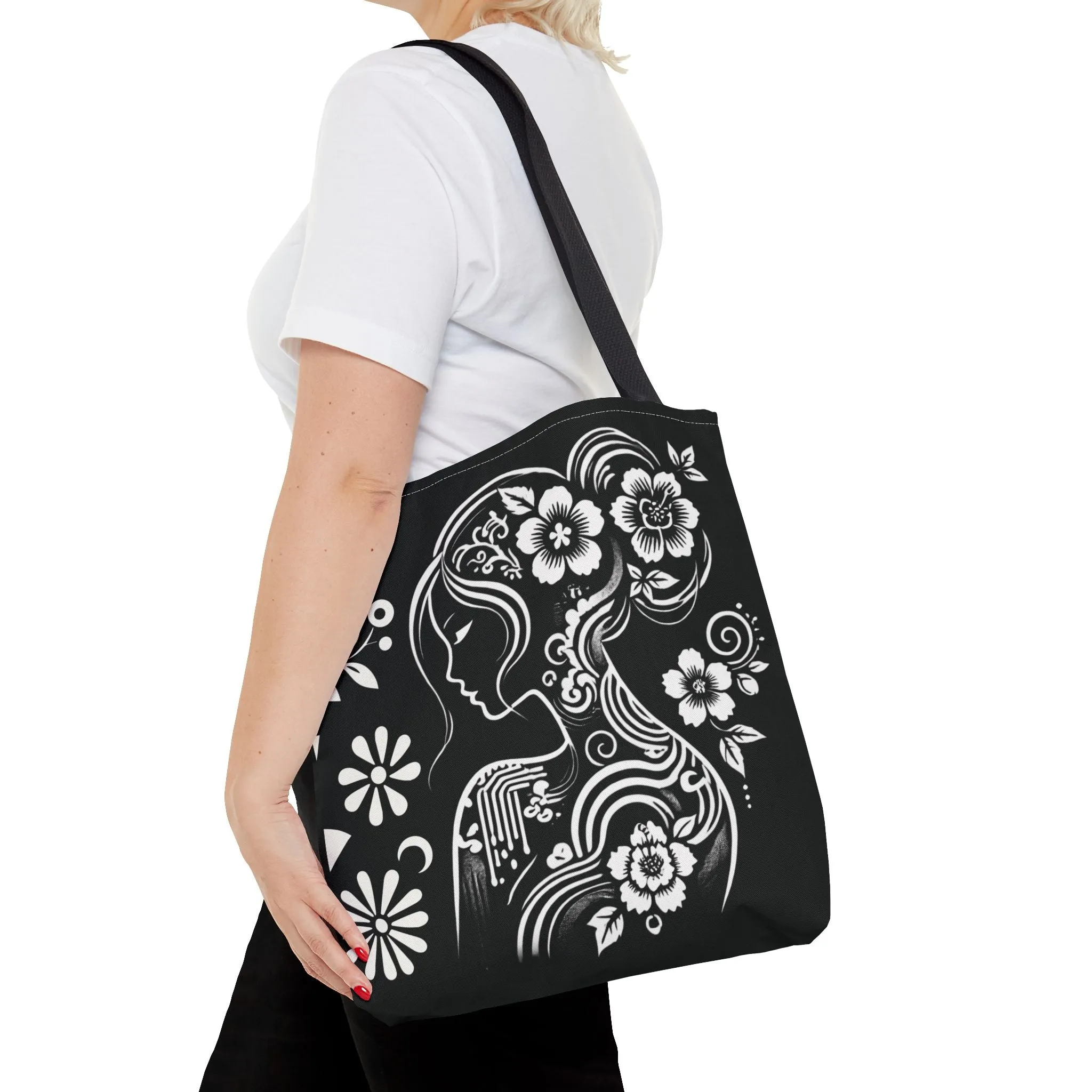 Elegant Chinoiserie Tote Bag – Black & White Floral Goddess Design, Artistic Aesthetic Handbag for Women, Stylish & Eco-Friendly Everyday Shoulder Bag