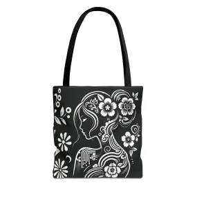Elegant Chinoiserie Tote Bag – Black & White Floral Goddess Design, Artistic Aesthetic Handbag for Women, Stylish & Eco-Friendly Everyday Shoulder Bag