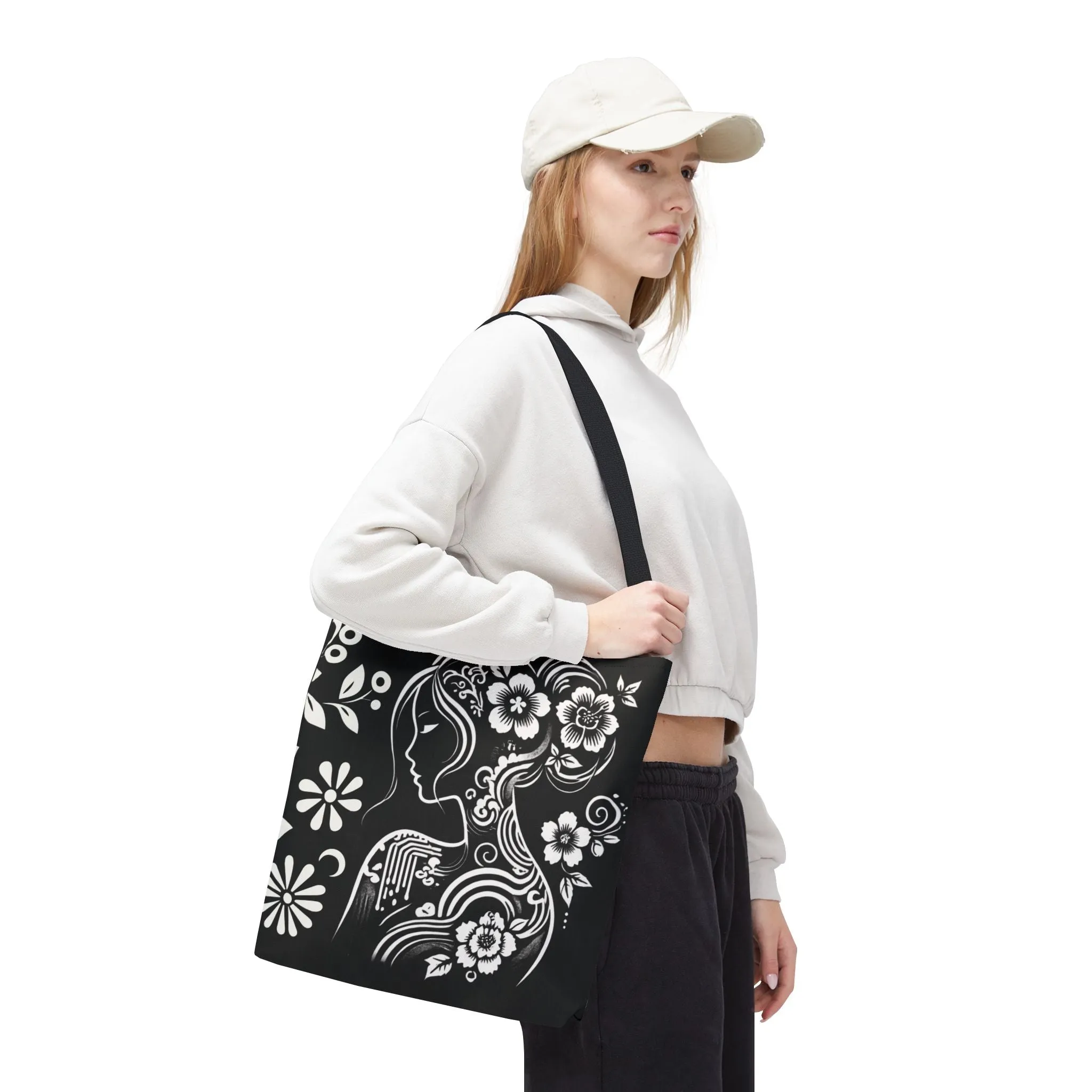 Elegant Chinoiserie Tote Bag – Black & White Floral Goddess Design, Artistic Aesthetic Handbag for Women, Stylish & Eco-Friendly Everyday Shoulder Bag