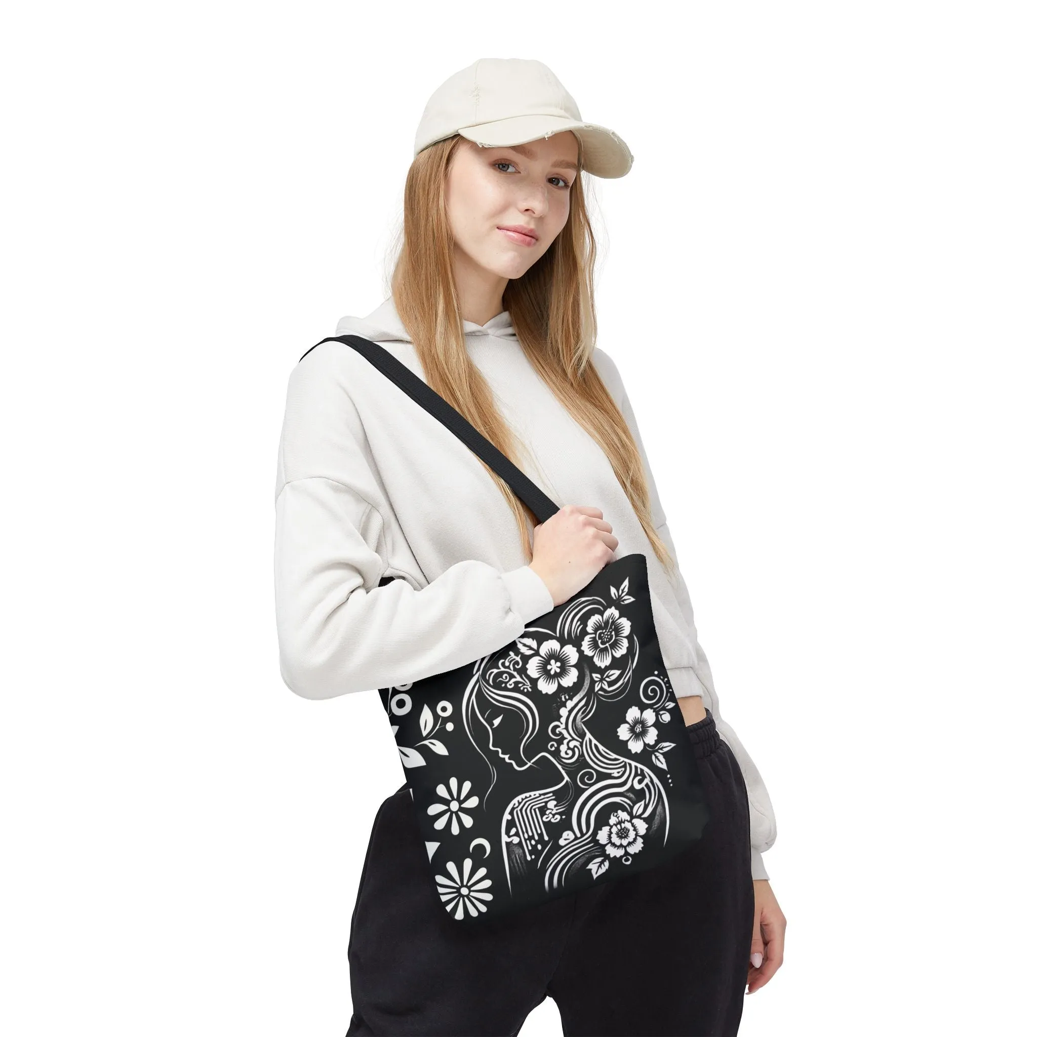 Elegant Chinoiserie Tote Bag – Black & White Floral Goddess Design, Artistic Aesthetic Handbag for Women, Stylish & Eco-Friendly Everyday Shoulder Bag