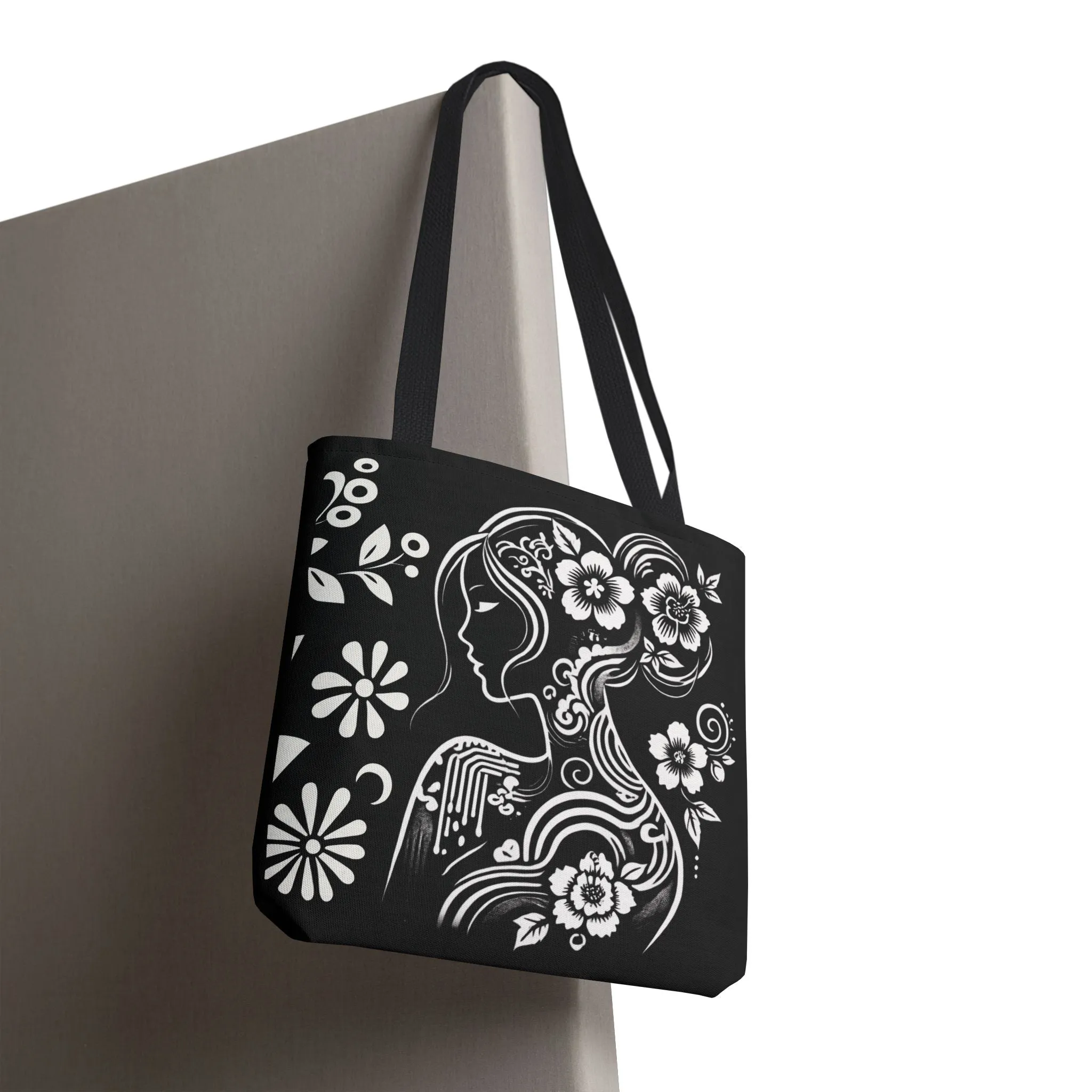 Elegant Chinoiserie Tote Bag – Black & White Floral Goddess Design, Artistic Aesthetic Handbag for Women, Stylish & Eco-Friendly Everyday Shoulder Bag