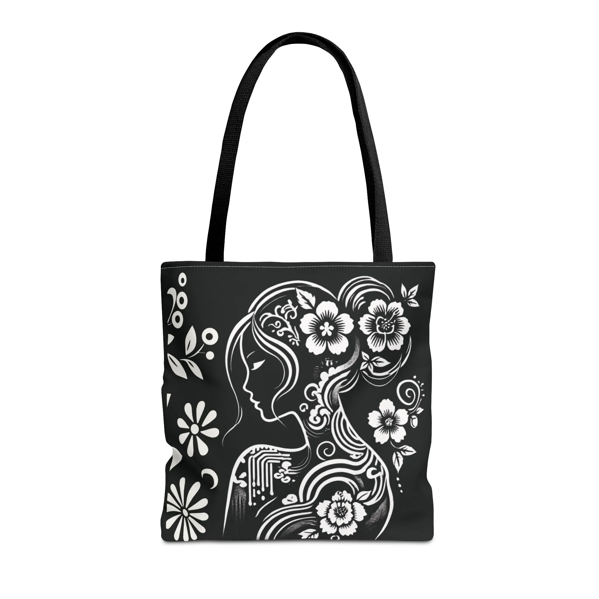Elegant Chinoiserie Tote Bag – Black & White Floral Goddess Design, Artistic Aesthetic Handbag for Women, Stylish & Eco-Friendly Everyday Shoulder Bag