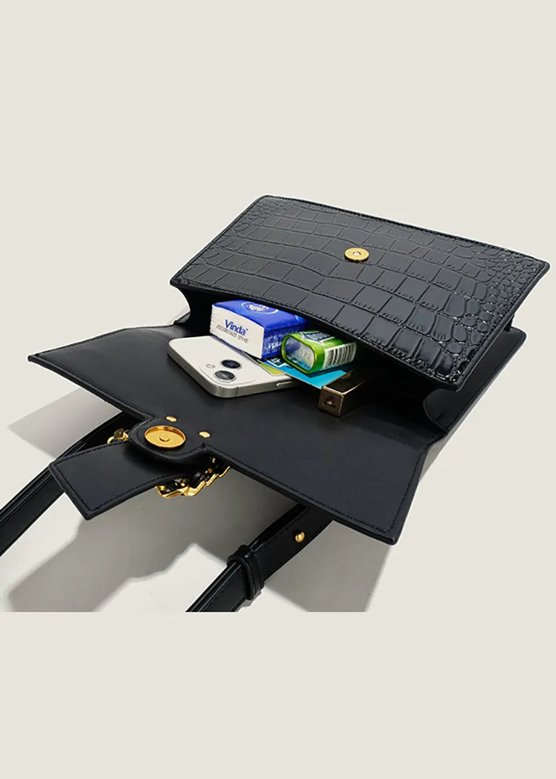 Elegant Croc-Embossed Black Handbag with Gold Chain Accent