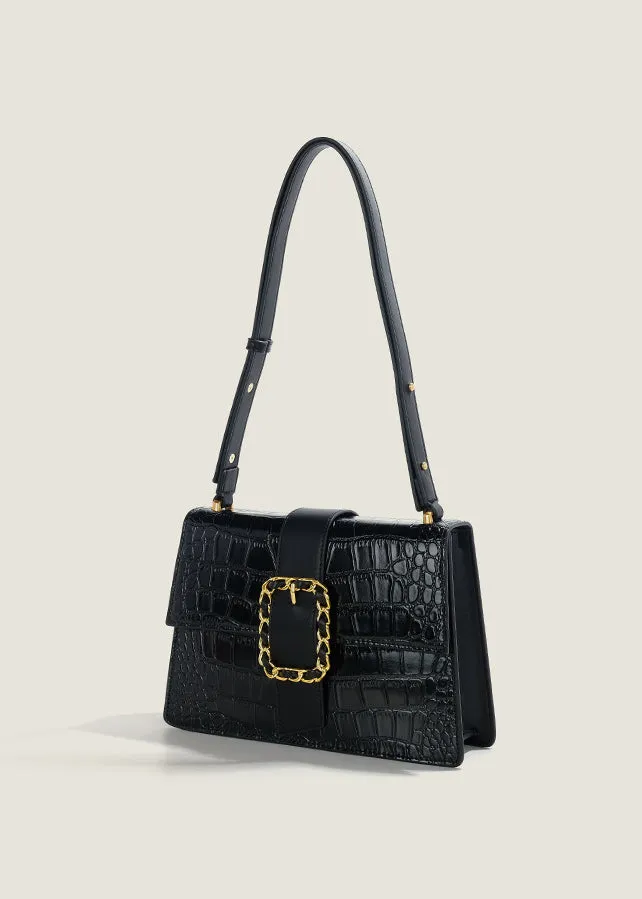 Elegant Croc-Embossed Black Handbag with Gold Chain Accent