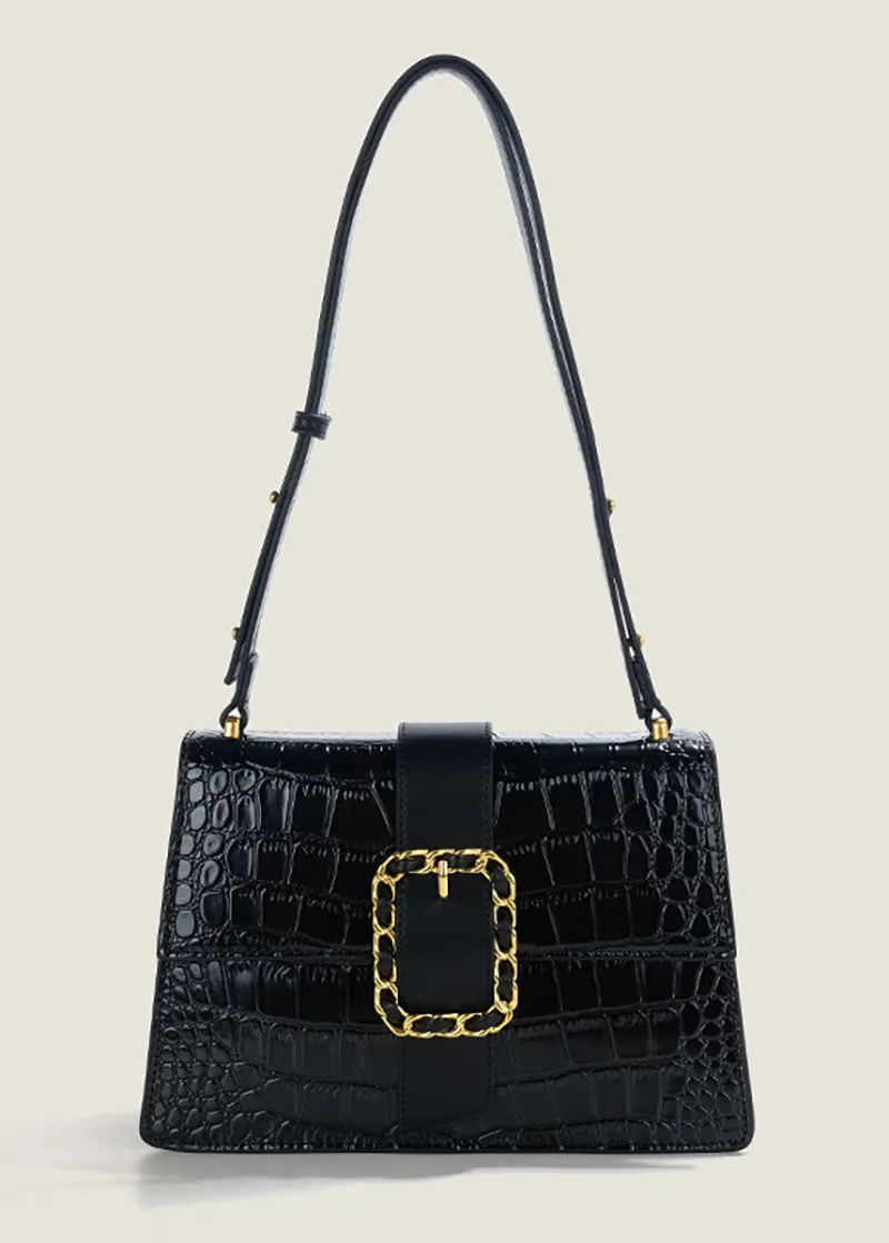 Elegant Croc-Embossed Black Handbag with Gold Chain Accent