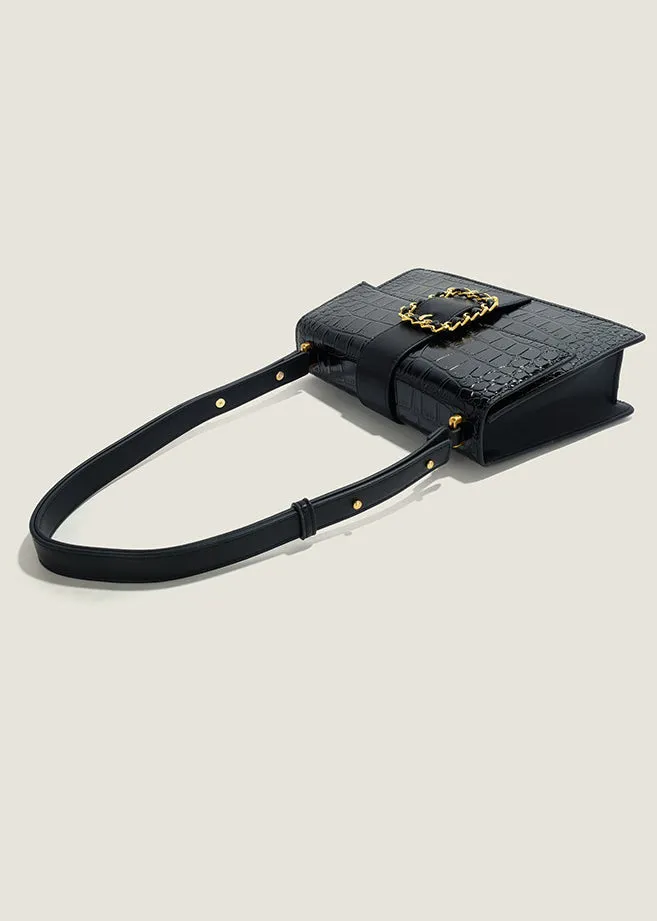 Elegant Croc-Embossed Black Handbag with Gold Chain Accent