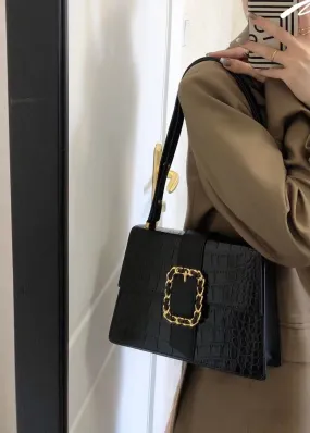 Elegant Croc-Embossed Black Handbag with Gold Chain Accent Elegant Croc-Embossed Black Handbag with Gold Chain Accent