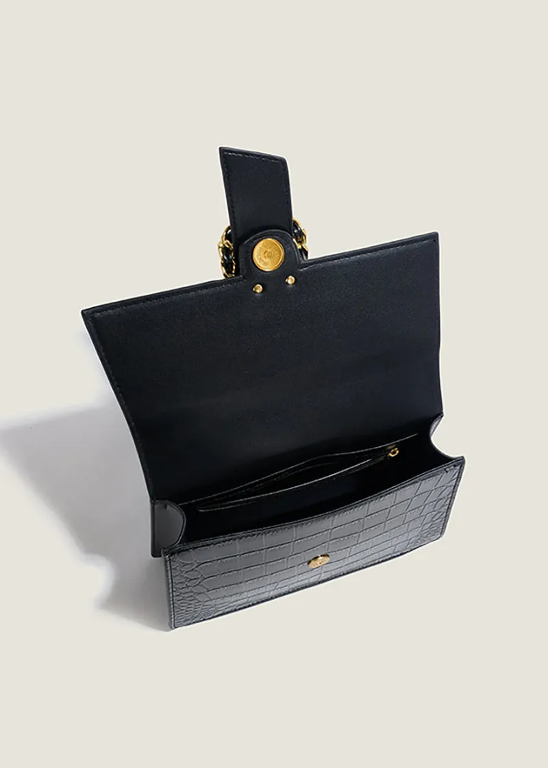 Elegant Croc-Embossed Black Handbag with Gold Chain Accent