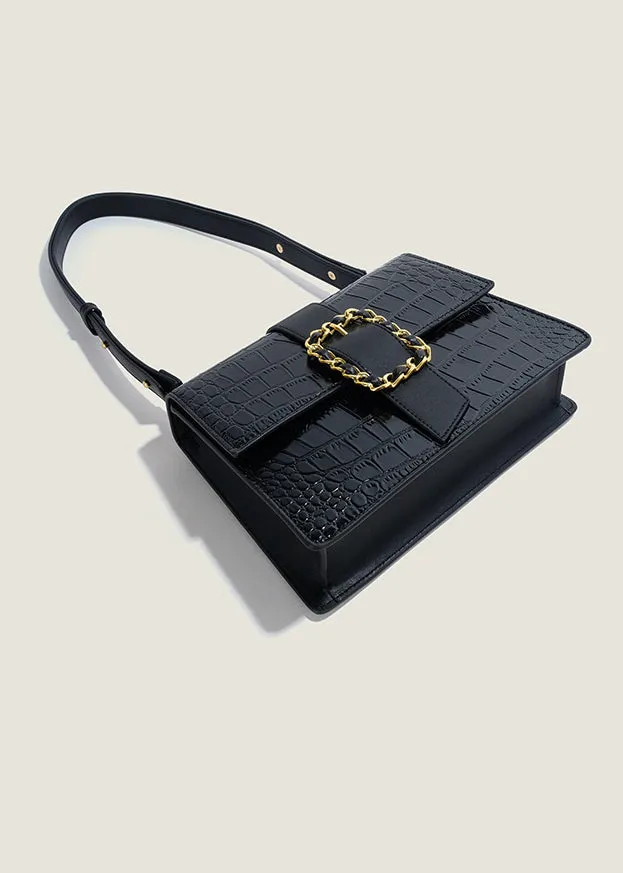 Elegant Croc-Embossed Black Handbag with Gold Chain Accent