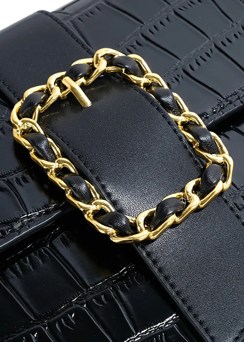 Elegant Croc-Embossed Black Handbag with Gold Chain Accent