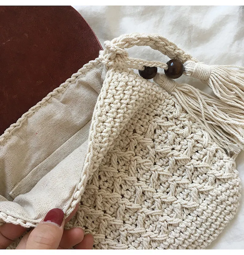 Elena Handbags Crochet Crossbody Messenger Bag with Leather Flap