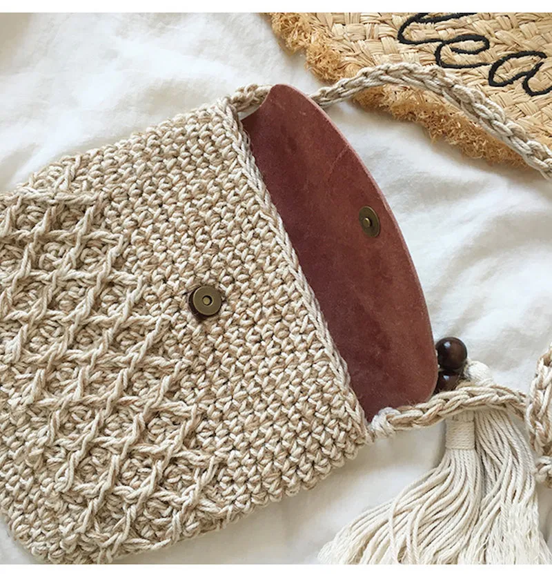 Elena Handbags Crochet Crossbody Messenger Bag with Leather Flap