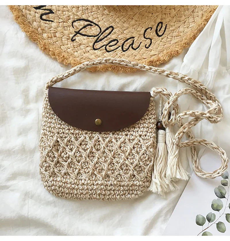 Elena Handbags Crochet Crossbody Messenger Bag with Leather Flap