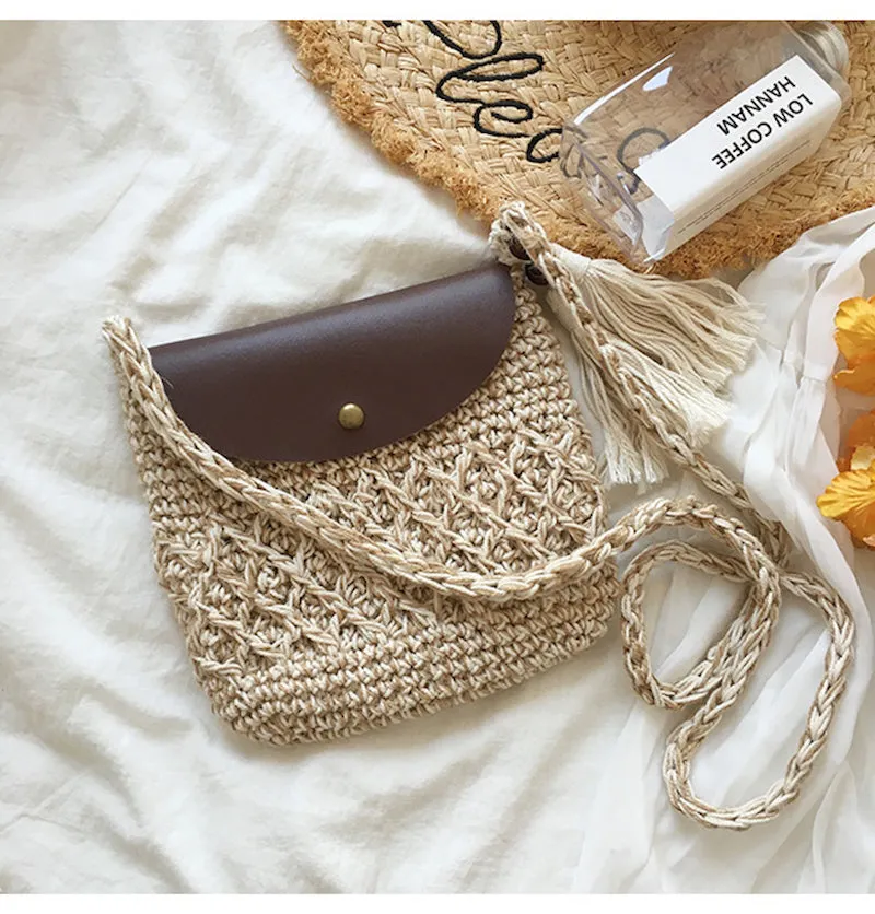 Elena Handbags Crochet Crossbody Messenger Bag with Leather Flap