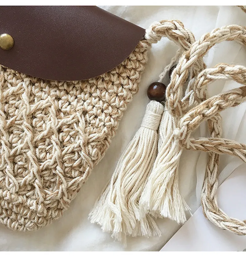 Elena Handbags Crochet Crossbody Messenger Bag with Leather Flap