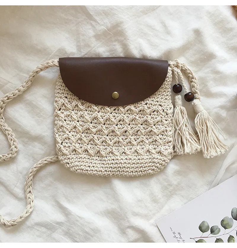 Elena Handbags Crochet Crossbody Messenger Bag with Leather Flap