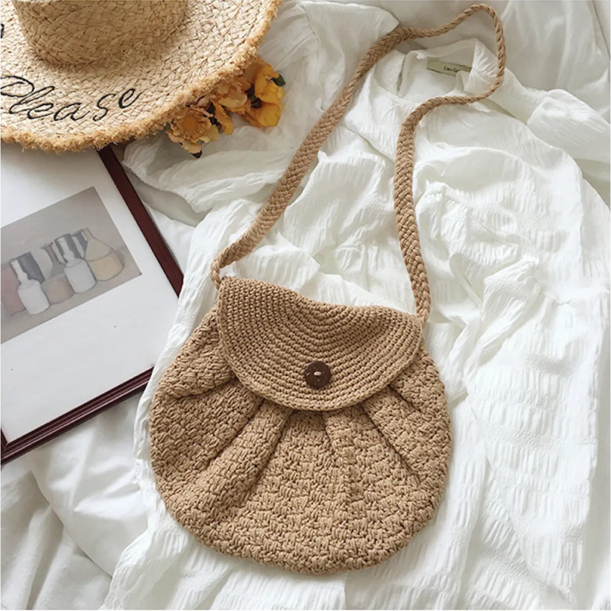 Elena Handbags Handmade Crochet Button Woven Crossbody Bag
