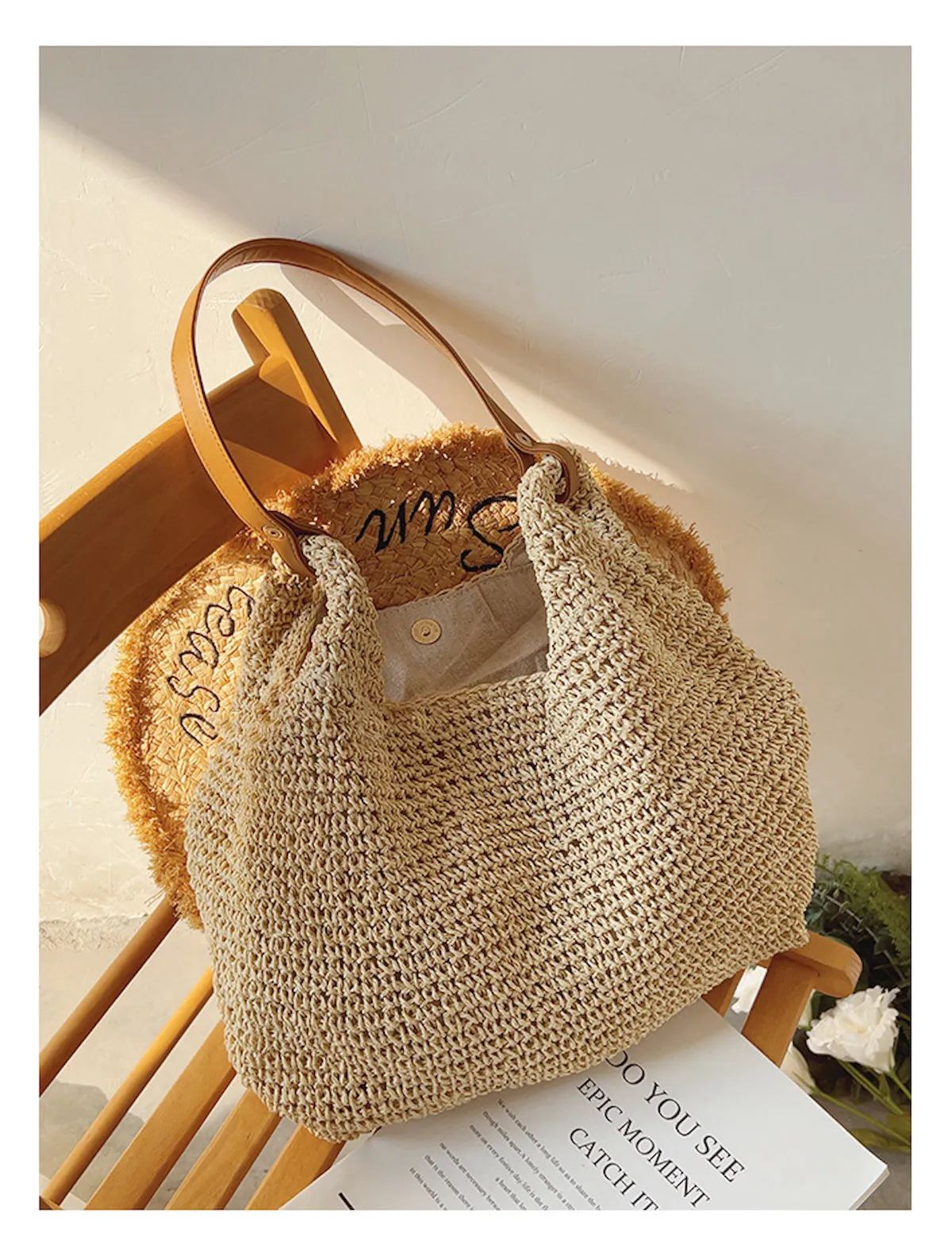 Elena Handbags Straw Woven Tote with Leather Straps