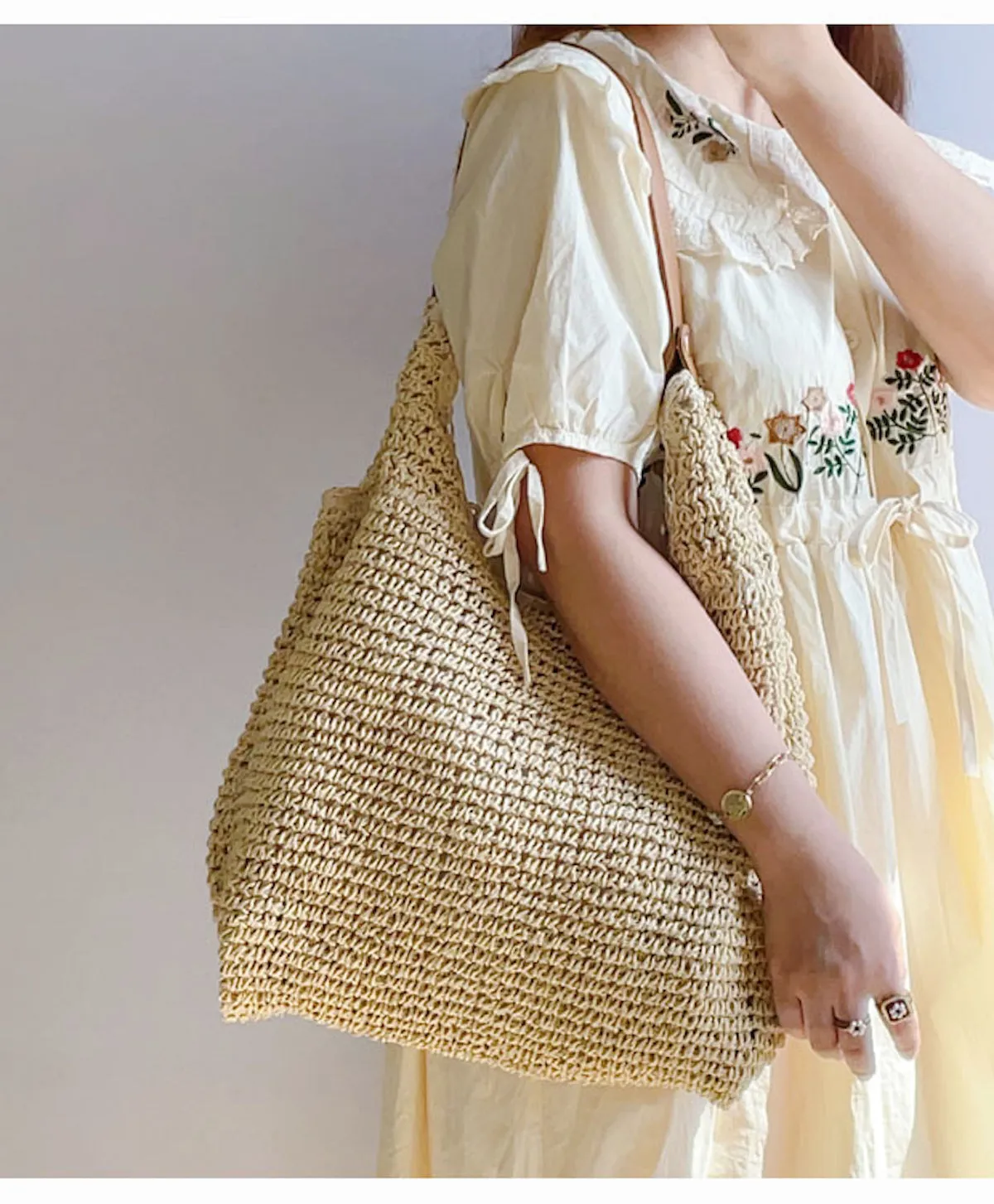 Elena Handbags Straw Woven Tote with Leather Straps