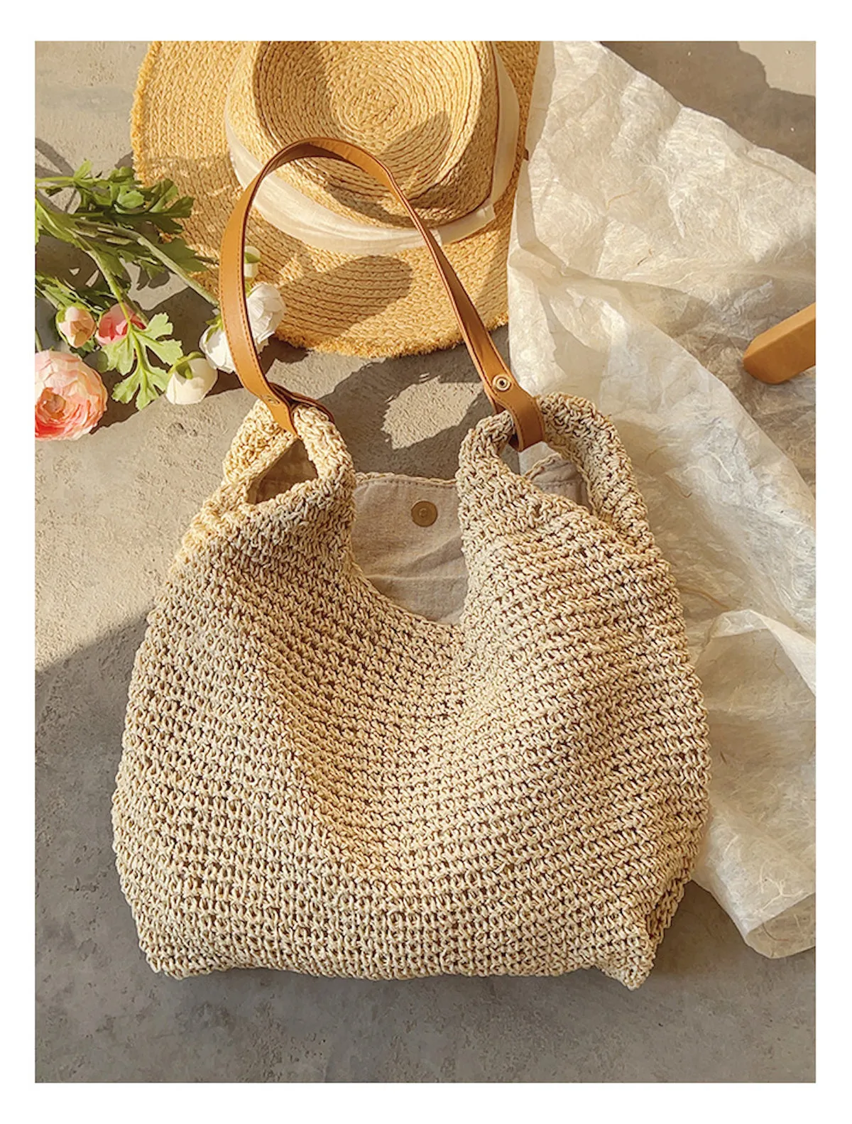 Elena Handbags Straw Woven Tote with Leather Straps
