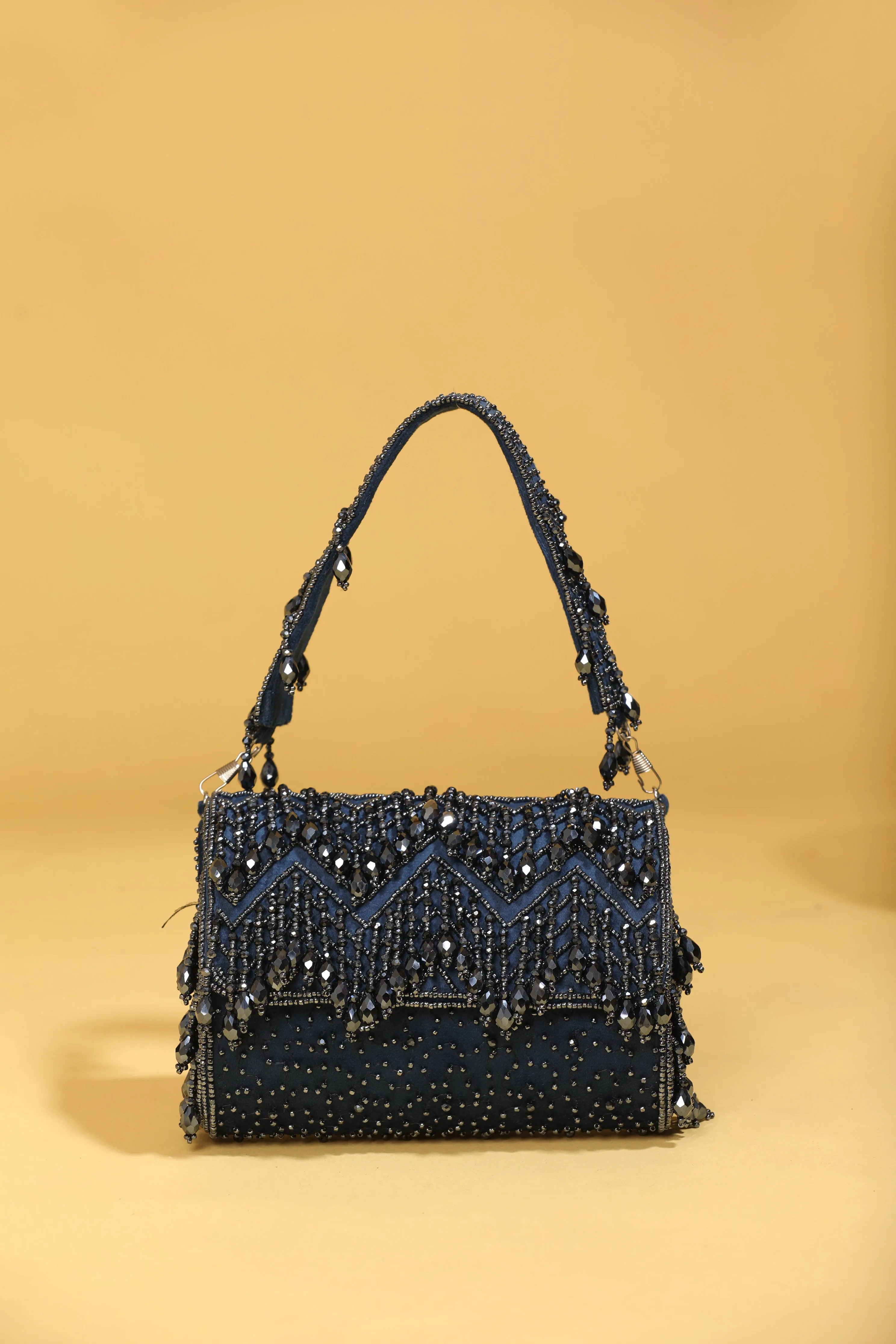 Embellished Blue Purse Clutch with Fold-Over Design