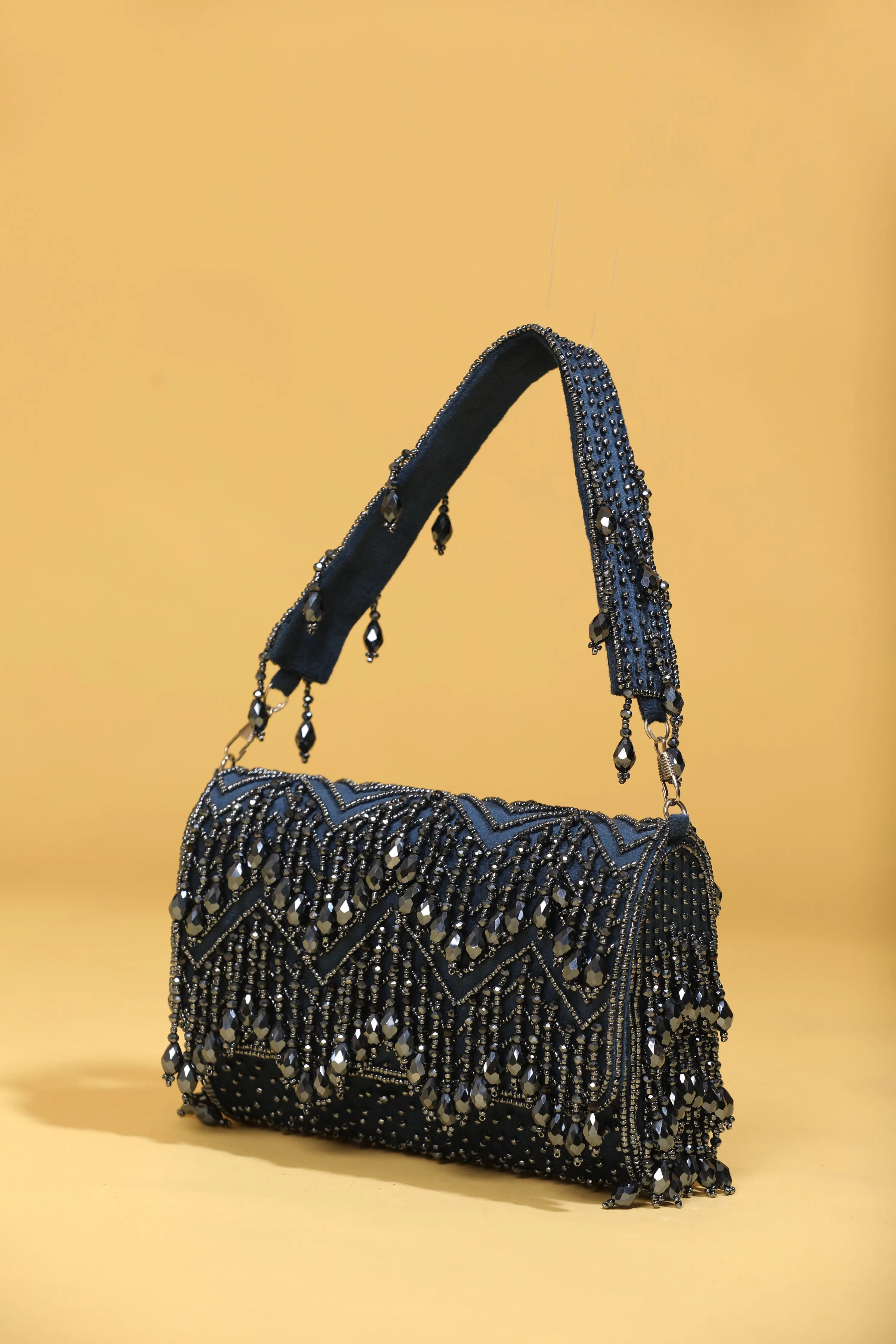 Embellished Blue Purse Clutch with Fold-Over Design