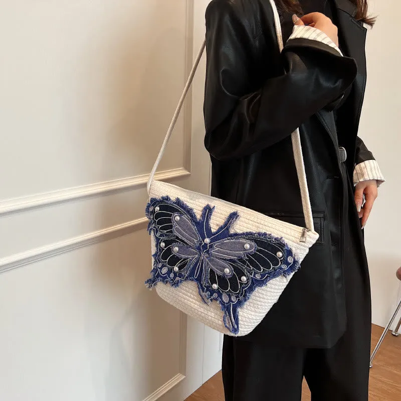 Embroidery Butterfly Shoulder Bag Cotton Linen Crossbody Purse For Women