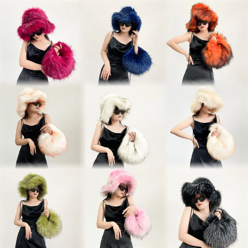Faux Fur Soft Hat Bag Set For Women Winter Dating