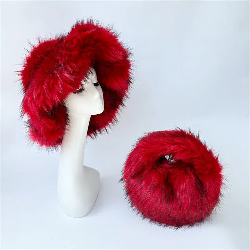 Faux Fur Soft Hat Bag Set For Women Winter Dating