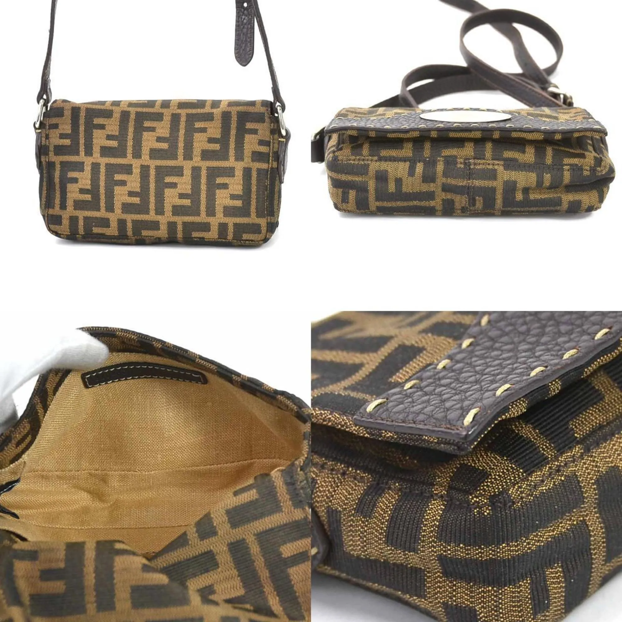 Fendi Crossbody Shoulder Bag Zucca Selleria Canvas/Leather Brown Silver Women's