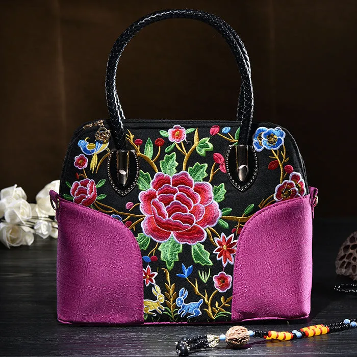 Floral Embroideried Canvas Tote For Women Vintage Crossbody Handbag